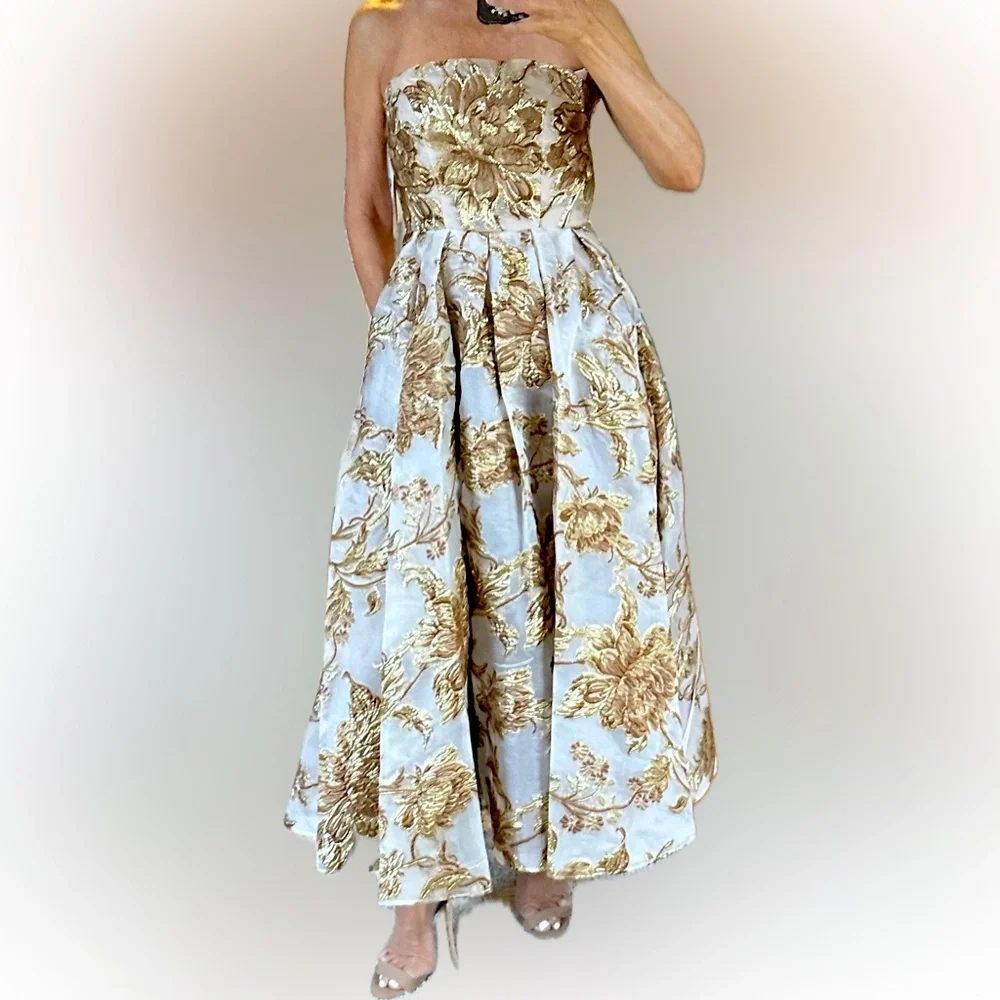 Mac Duggal Gold Strapless Brocade Midi Dress with Pockets - Picture 3 of 5